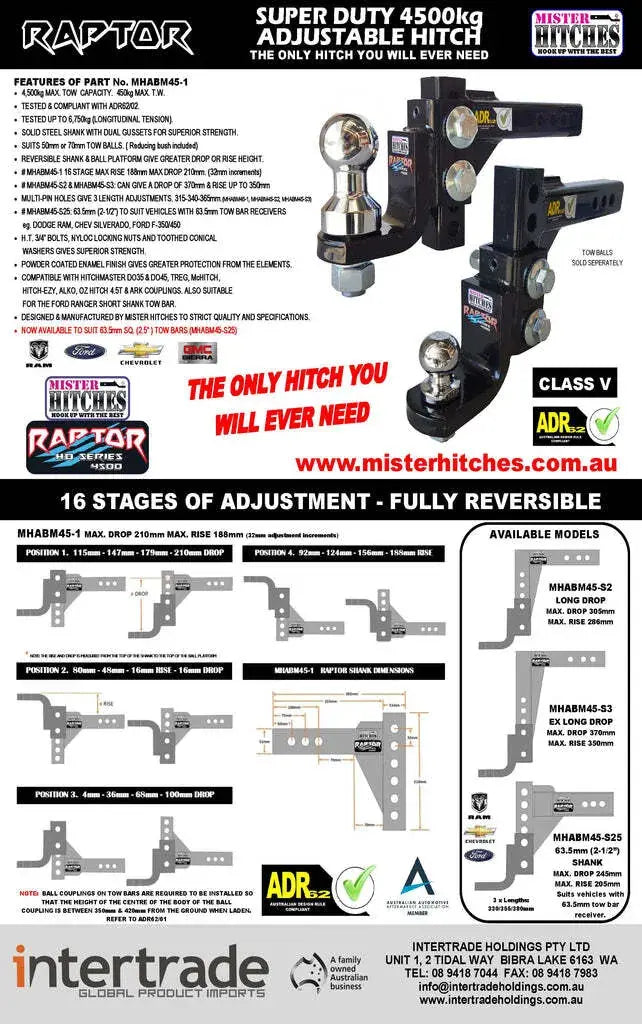 Mister Hitches Super Duty Adj Ball Mount Raptor 4.5T (mhabm45-1)